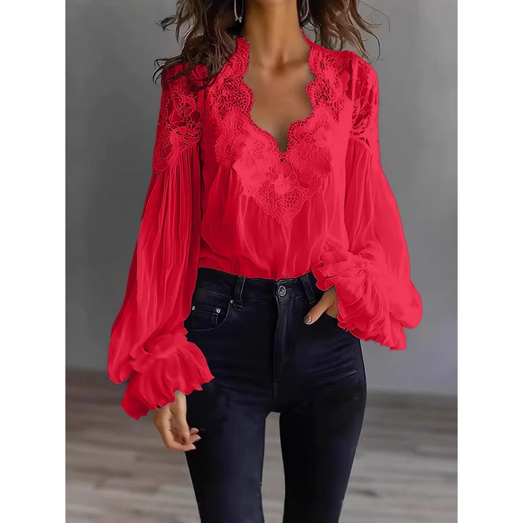 Camicetta da Donna in Chiffon con Scollo a V, Patchwork di Pizzo Floreale, Maniche Lunghe a Sbuffo con Volant