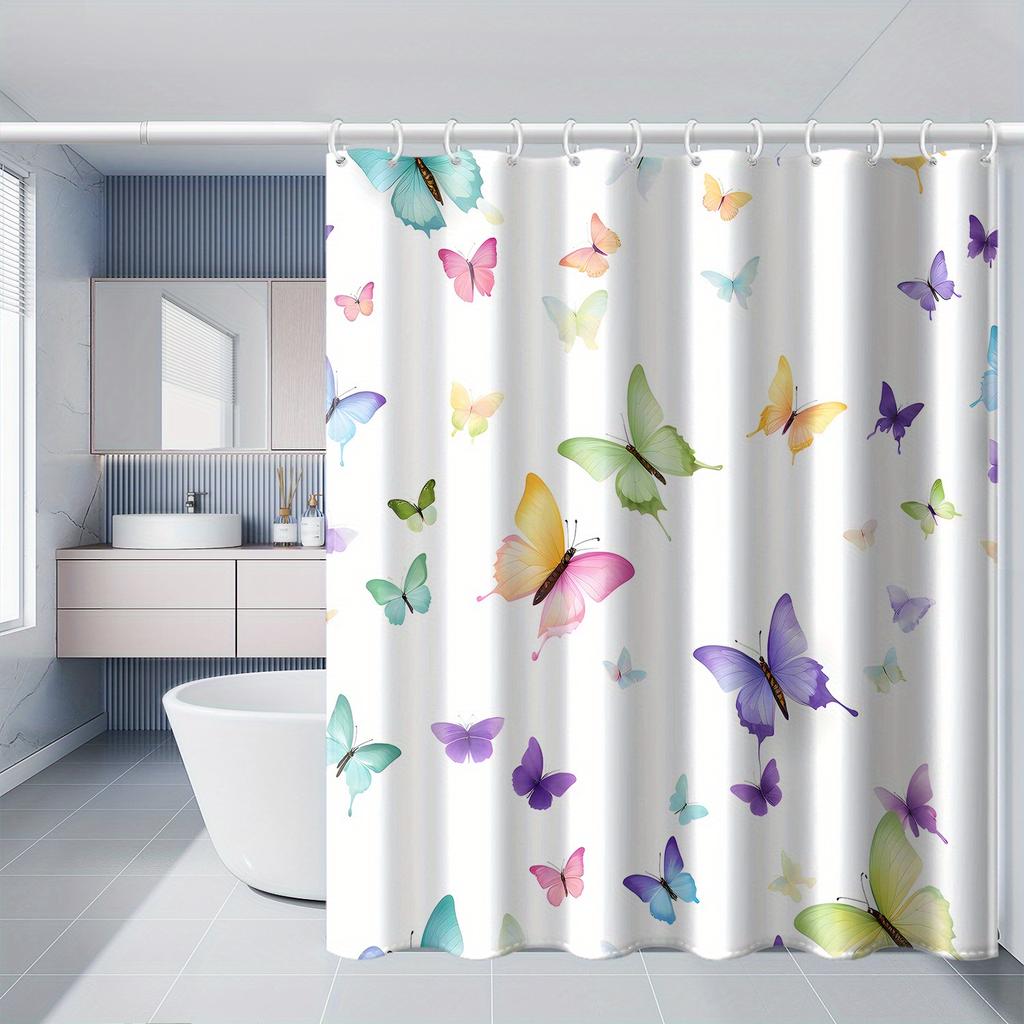 Elegant Simple Black Butterfly White Flower Art Bathroom Shower Curtain Waterproof Bathroom Decorative Shower Curtain