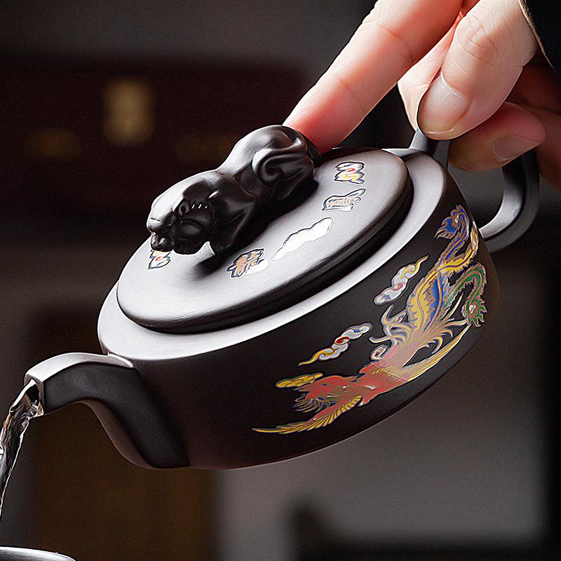 220ML Dragon Tiger Yixing Purple Clay Pot Household Chinese Dragon and Phoenix Tea Color Changing Tea Pot and Tea Set Upon Heat