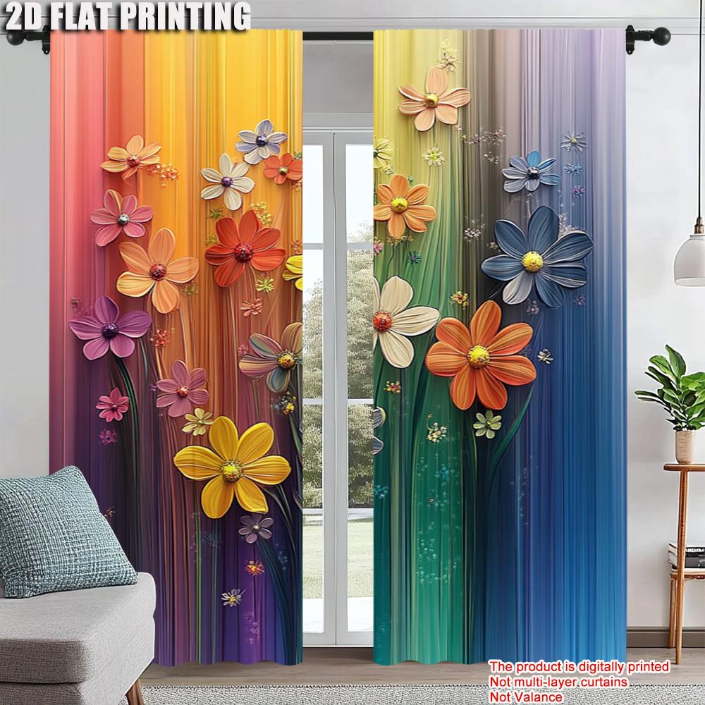 2Pcs Artistic Floral Printed Window Curtains Polyester Material Rod Pocket Design Drapes For Bedroom Living Room Office