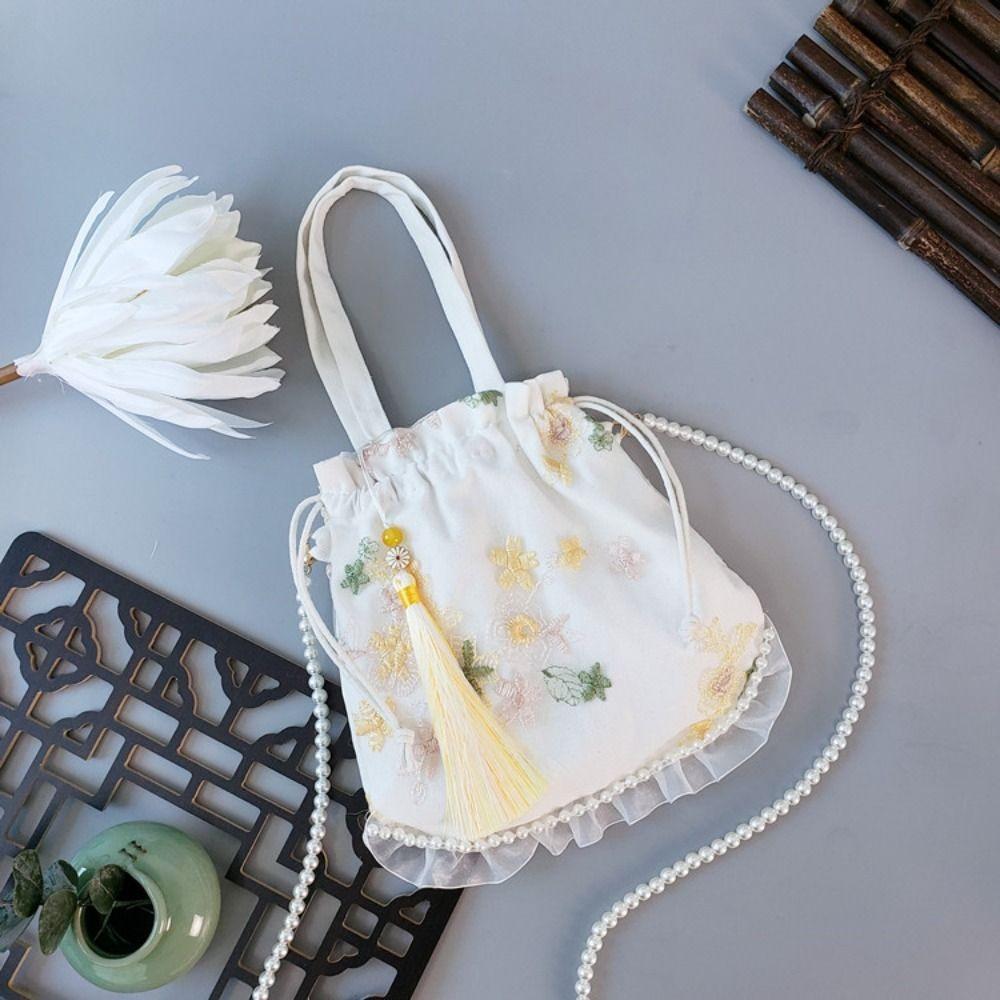 

Вышитый цветок Цветочная кисточка Сумка на шнурке Кружевная сетка Сумка через плечо Hanfu Женская/Девочка B