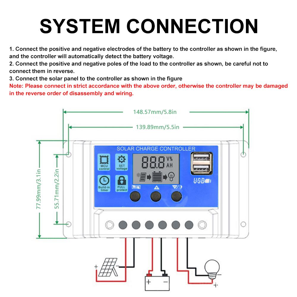 Solar Charge Controller 12V 24V PWM 10A 20A 30A 40A 50A 60A  with Adjustable LCD Display Dual USB Port Timer Setting Auto Parame