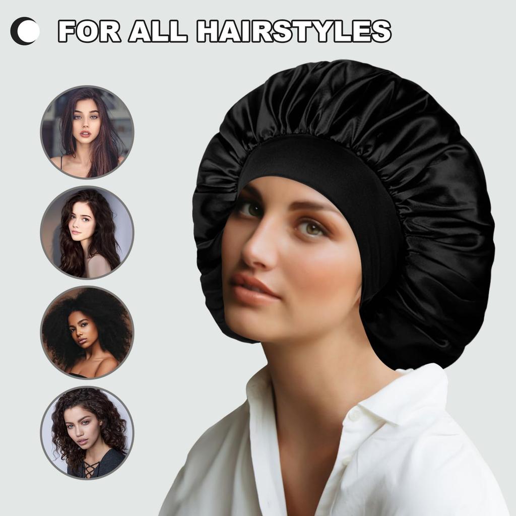Women's Wide-brimmed Night Sleep Hair Caps Silky Bonnet Nightcap Elastic Headband Satin Head Cover Hat Shower Cap for Curly Hair