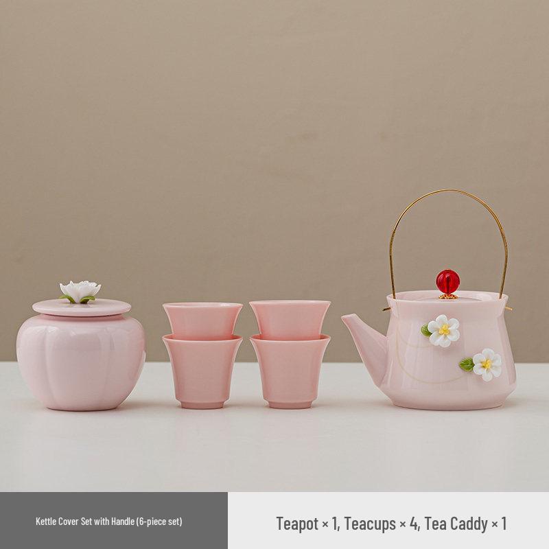 Women's Pink Ceramic Gongfu Tea Set with Teacup, Saucer, and Floral Handle Pot