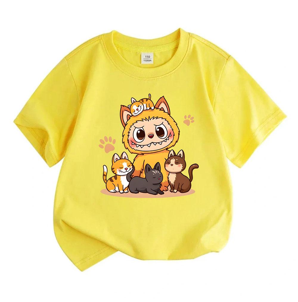 Cute Cartoon Orange Monster With Kitten Print Kids T-Shirt 100% Cotton Crew Neck Short Sleeve Tees for Boys Girls Casual Soft Breathable Summer Tops