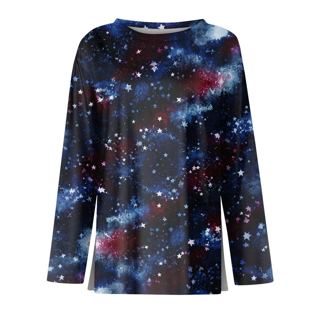 Women's Fashion Casual Slit Hem Round Neck Long Sleeve Loose Printed T-Shirt Ladies Top