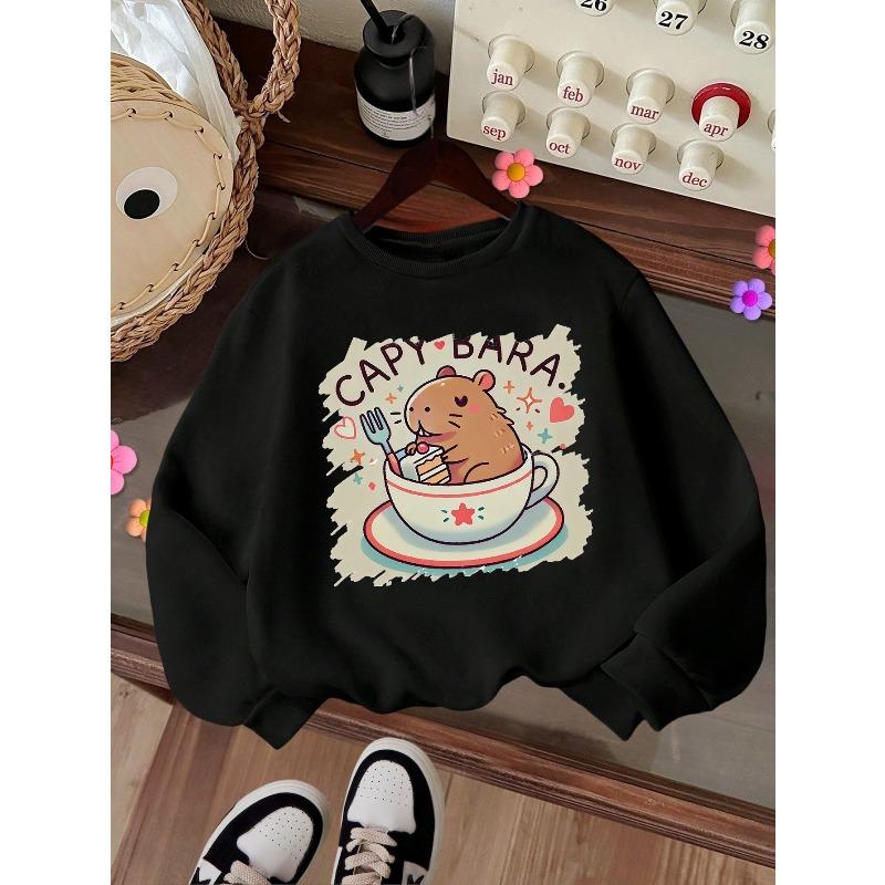Kids Capybara Print Crewneck Sweatshirt,Casual Tops for Fall & Winter 110 чёрный