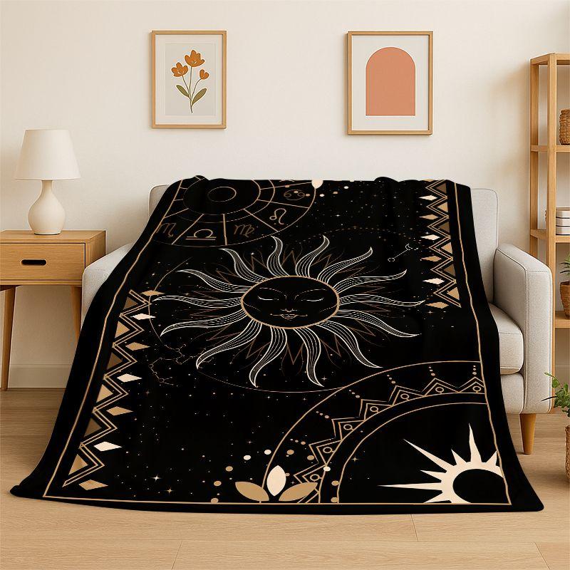 Cartoon Sun Moon Tarot Divination Magic Flannel Blanket Soft Throw Blanket for Bedroom Living Room Bed Travel Camping Picnic Nap