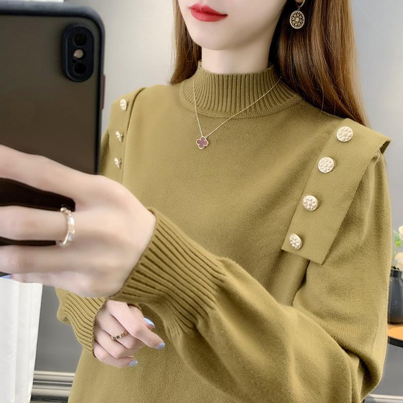 2024 Autumn and Winter New Button Sweater Tops Women's Pullover Half Turtleneck Sweater Thickened Bottoming Shirt Women