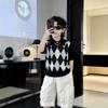 Kids Classic Argyle Knit Polo Shirt Short Sleeve Sweater Old Money Unisex Baby Fashion Casual Top