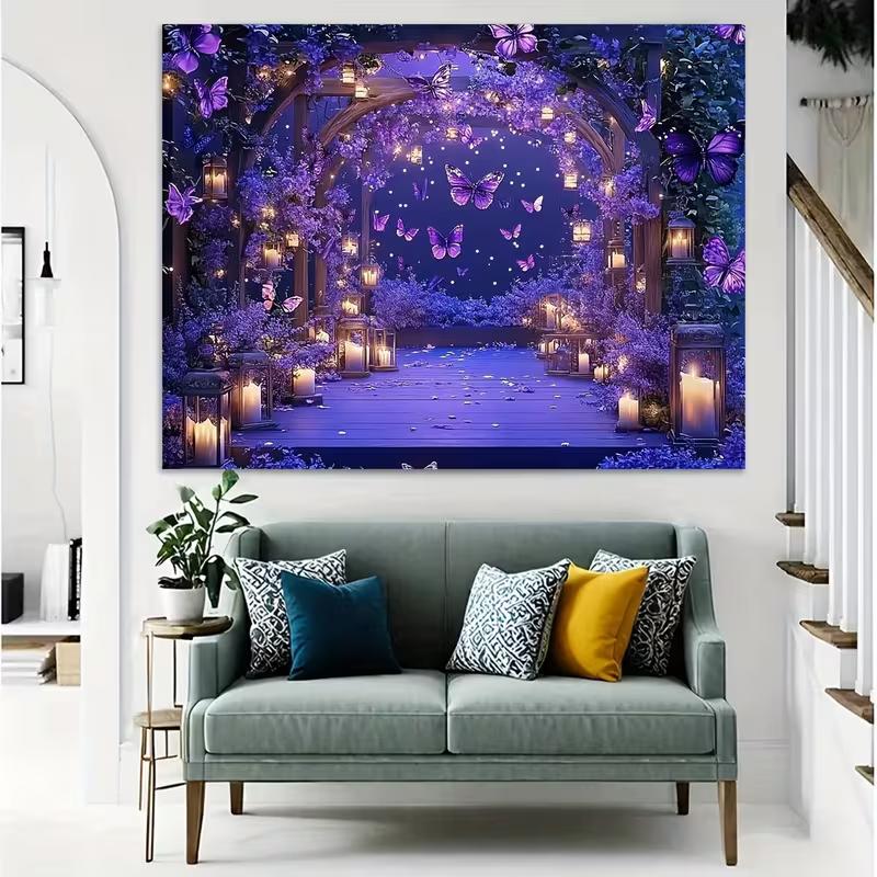 2D Purple Floral Arch Backdrop with Lanterns & Butterflies for Wedding Ceremony