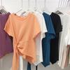 Gâtul O cu mânecă scurtă cu tivul neregulat pentru femei, tricou elastic subțire de vară, culoare uni, pulover largi Top Streetwear