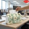 2D Flat, 1pc Tissue Box, Printed On Both Sides, Floral Artistic Tissue Box Green Pink Leaves Print, Durable Fabric Decorative Storage for Kitchen, Liv