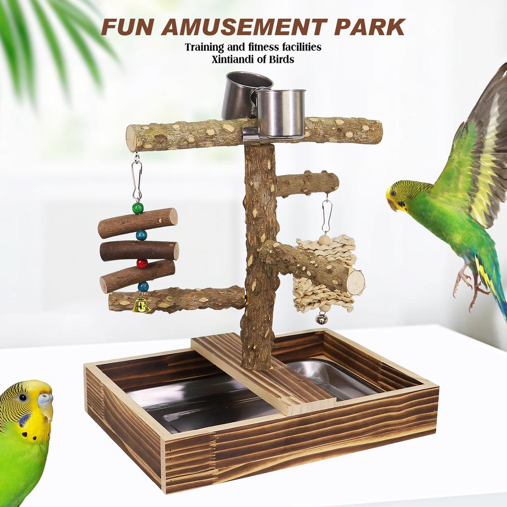 Parrot Stand Rack Solid Wood Swing Prickly Ash Feeder Water Game Platform