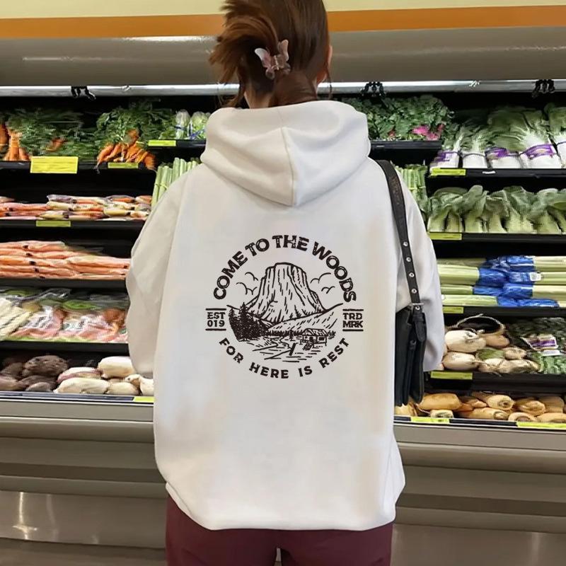 Autumn/Winter Mountain Letter Print Velvet Hoodie with Wrap Collar