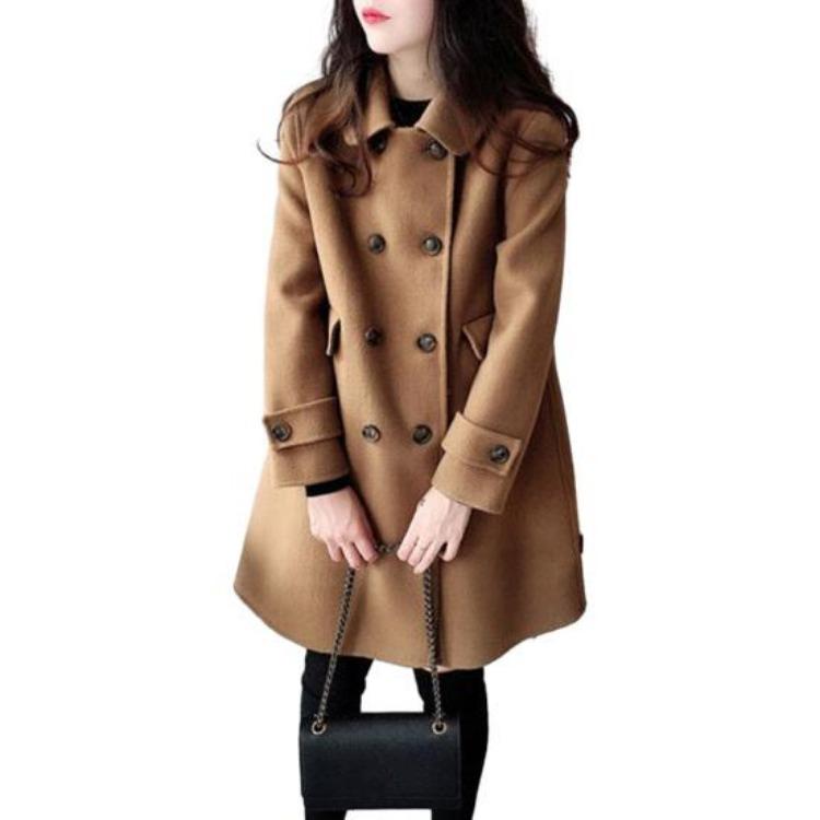 Vintage Woolen Trench Coat for Women Winter Warm Double Breasted Mid Length Thick Fall Coat