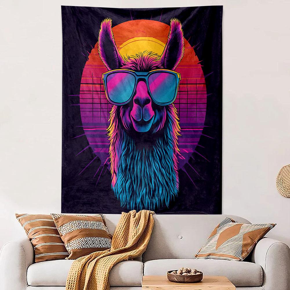 Cool Neon Llama with Sunglasses Patterned Tapestry Decorative Wall Hanging, Home Bedroom Living Room Decor