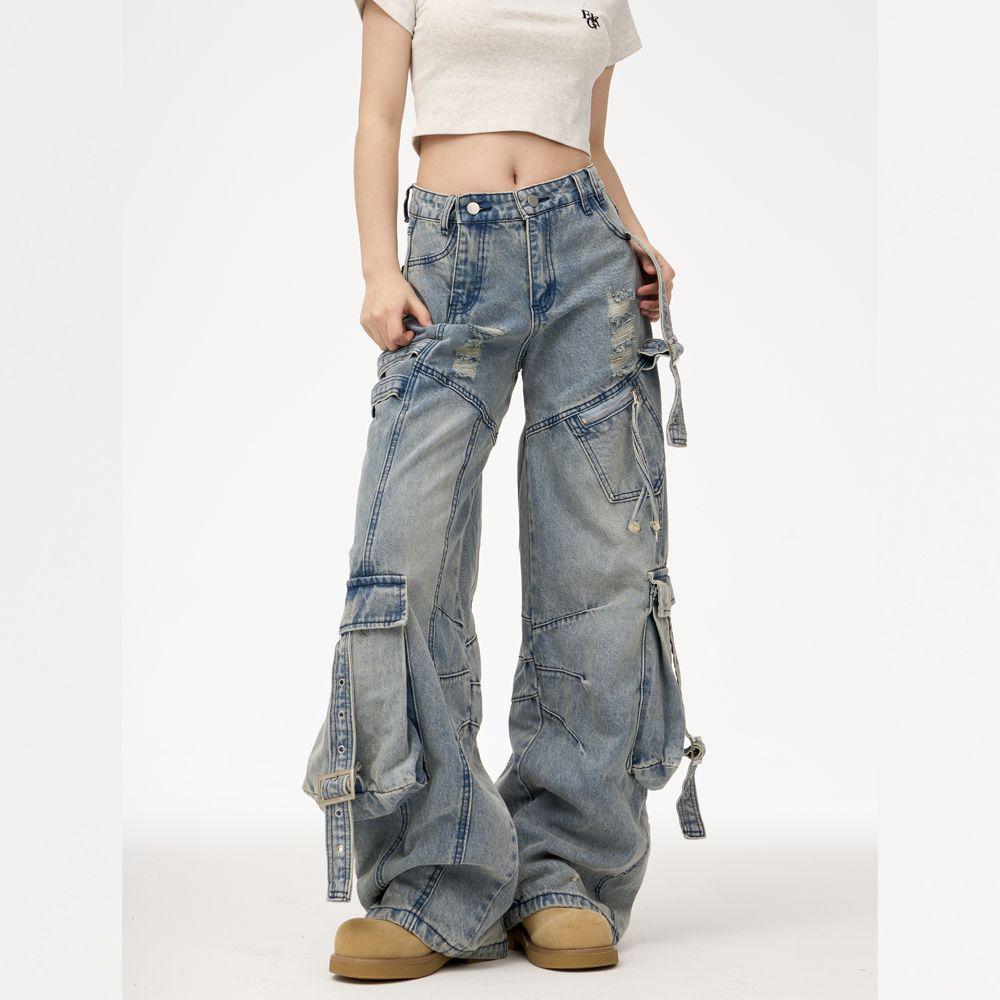 Women s Wide-Leg Ripped Workwear Denim Jeans - Spicy Girl Spring/Summer Design XL синий