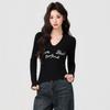 Black V-neck Letter-printed Long-sleeved T-shirt, New Autumn and Winter Bottoming Shirt, Slim-fitting and Thin Top Inside, Women