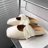 Lace bow half slippers women's spring and summer new outer wear silver thick heel soft leather shoes bag head slippers