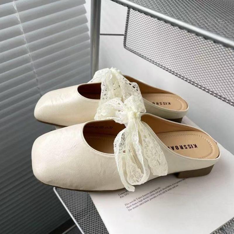 Lace bow half slippers women's spring and summer new outer wear silver thick heel soft leather shoes bag head slippers