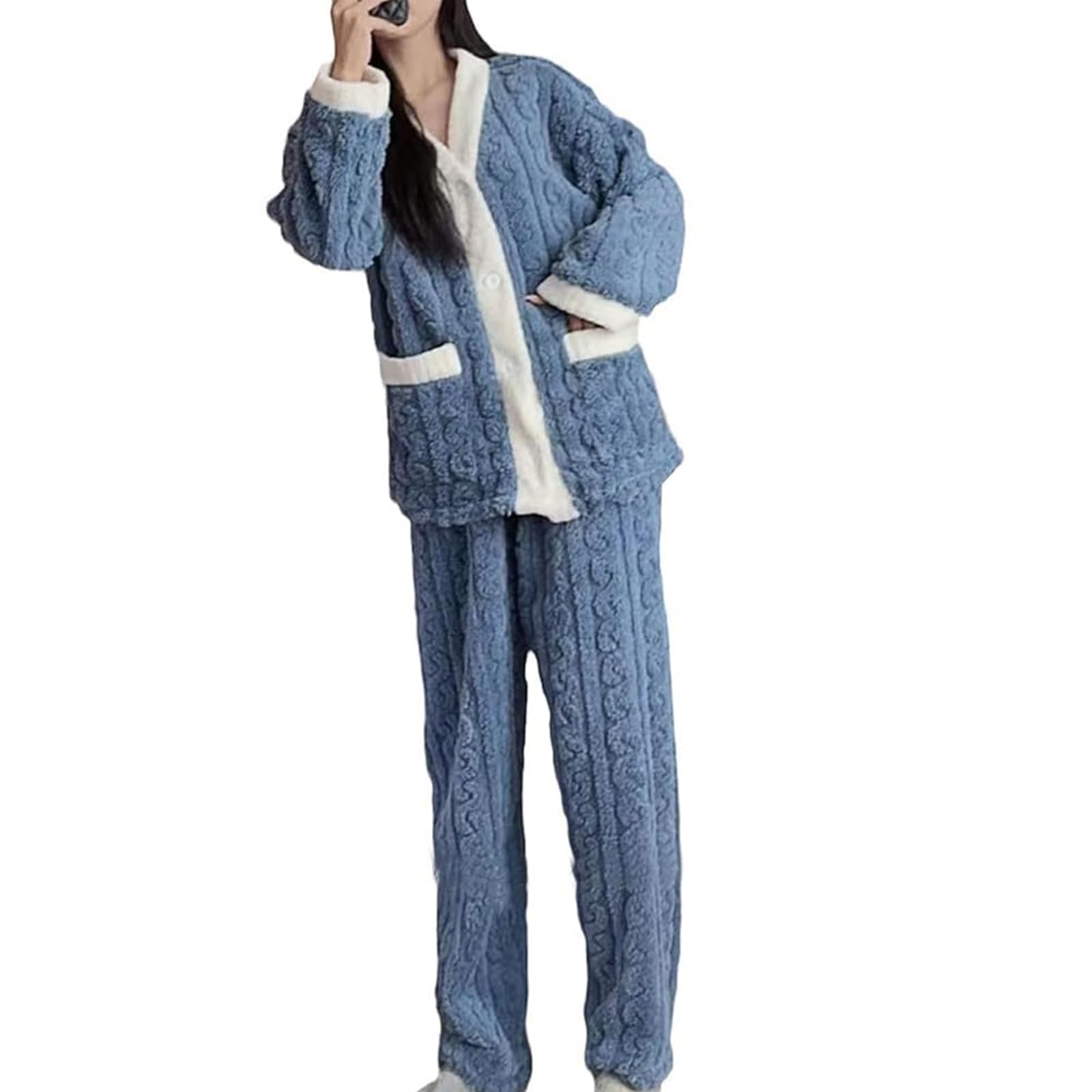 

HuuMeNEIDOO Пушистая пижама Длинный верх и теплая домашняя одежда для осени и зимы Женский комплект, V-образный вырез, Открытая спереди, Рукава, Брюки, меняющие цвет, Путешествия, синий