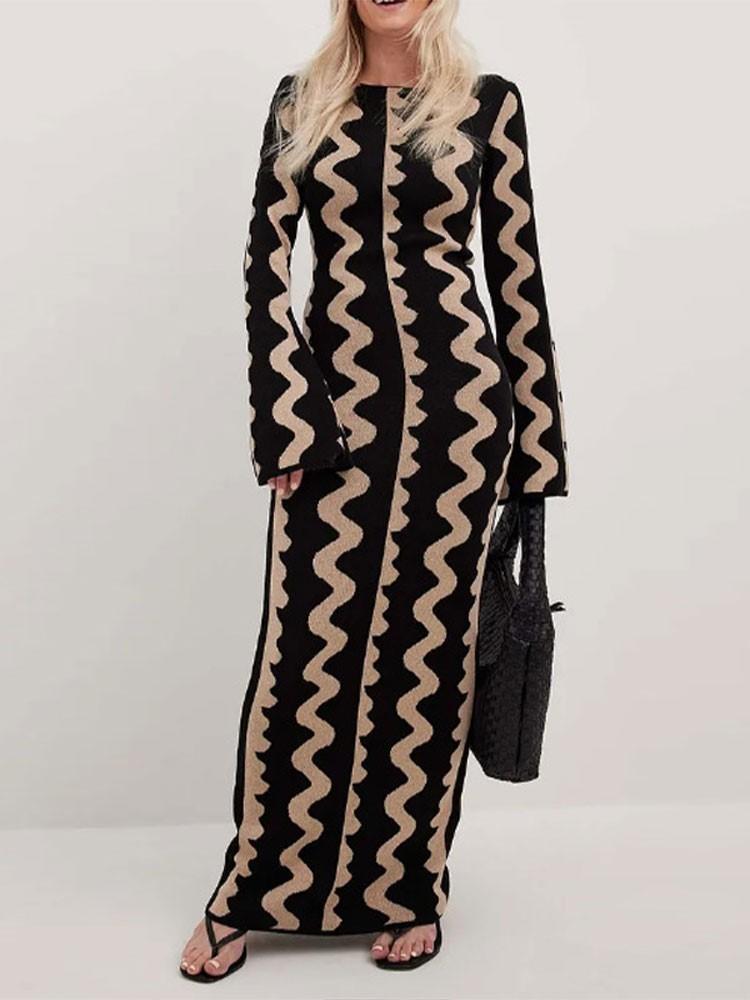 Frauen Gestreiftes Gestricktes Kleid Elegante Oansatz Flare Lange Hülse, Figurbetontes Kleid Damen Mode Streetwear Party Kleider