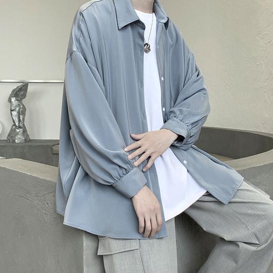 Jednořadá pánská košile s klopou a dlouhým rukávem jaro podzimní jednobarevná košile volného střihu