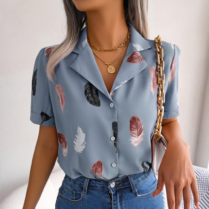 

Elegant Feather Print Shirtds Women 2026 Summer Loose Short Sleeve Blouse Woman Fashion Notched Collar Casual Tops Blusas 27969 S синий