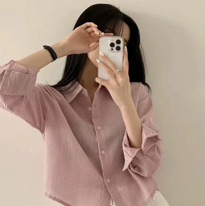 Korean Chic Blue Pinstripe Long-Sleeve Sun Protection Shirt for Women