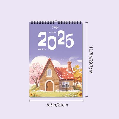 1pc, 2026 Watercolor House Theme Calendar - Cottage, 12 Different Designs, Wall Calendar, Birthday, Christmas, New Year Gift