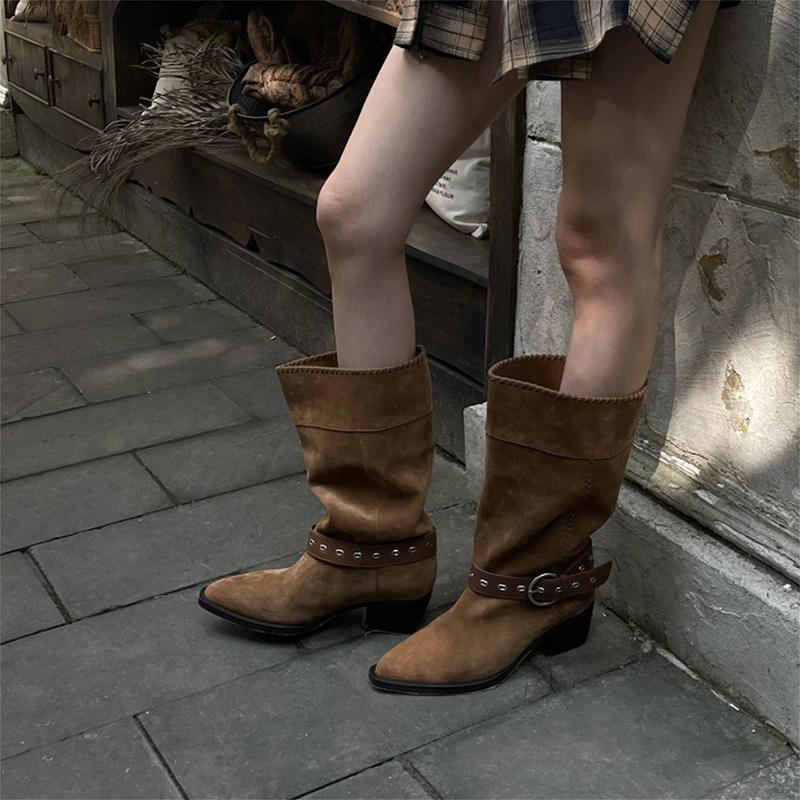 Vintage Pointed Toe Pleated Woman Western Cowboy Boots Fashion Slip On Thick Heel Knight Booties