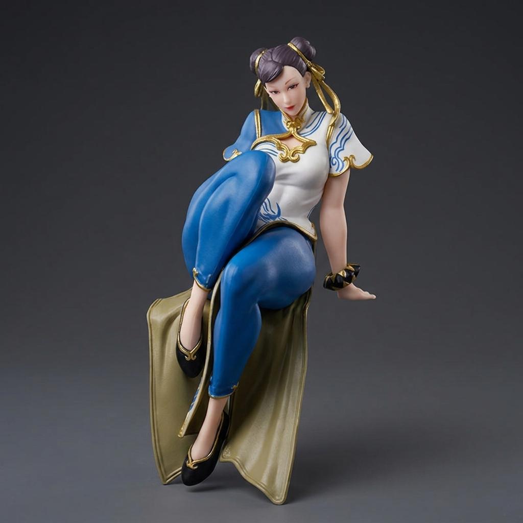 Street Fighter Chun Li PVC Statue with Classic Bun Hair Style and Sitting Pose for Gaming Room Decoration