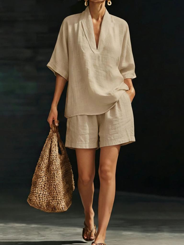 White V-Neck Short Sleeve Top and Shorts Set