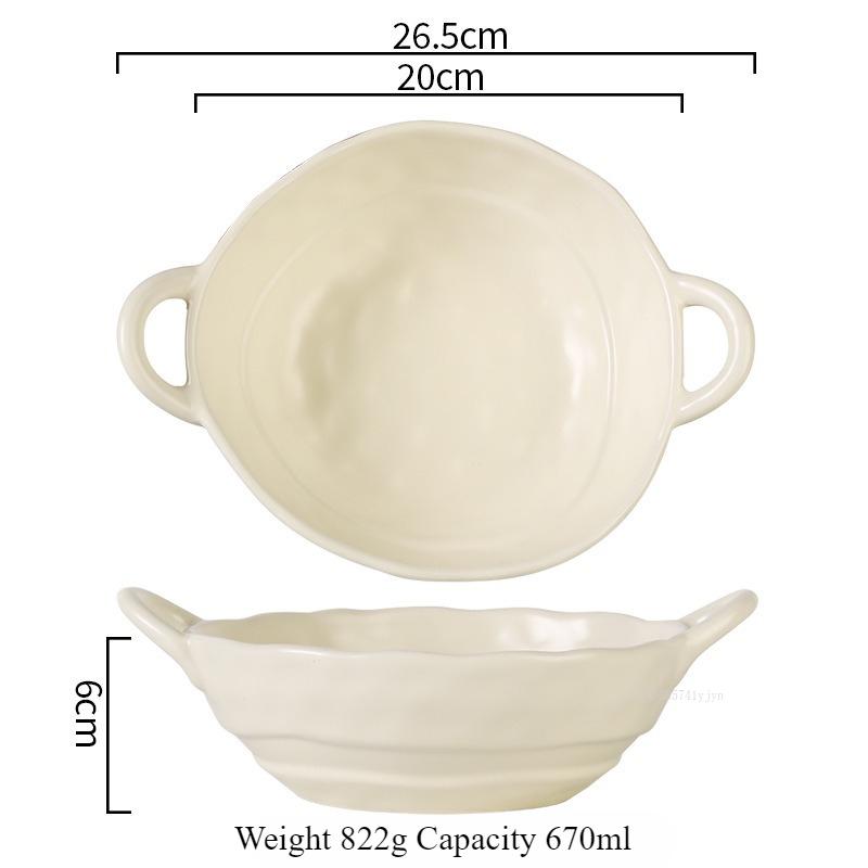 Ceramic Salad Bowl with Handle Binaural Bowl Irregular Ceramic Kitchen Soup Noodles Dessert Salad Bowl Heat-resistant Design 1PC