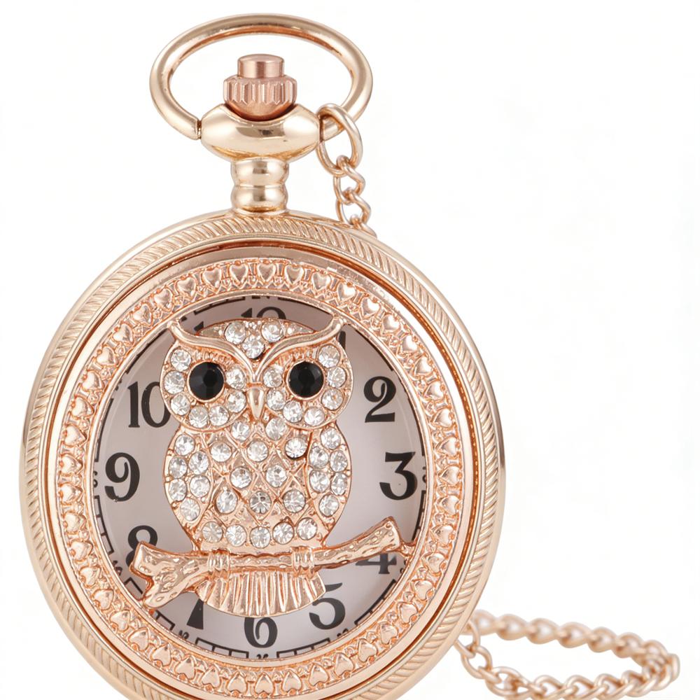

Cute Retro Popular Rose Gold Pocket Watch Sparkling Crystal Owl Pendant Necklace Watch for Teens Casual Daily Wear синий