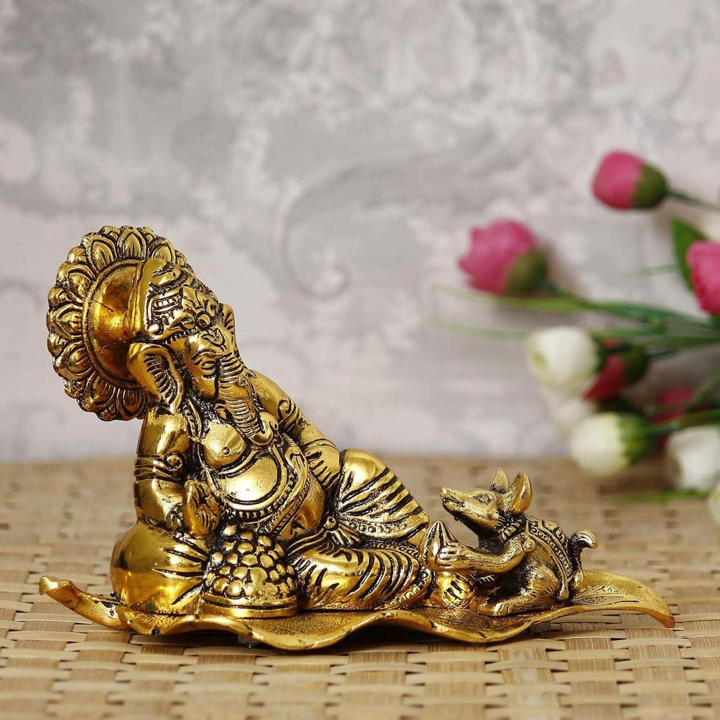 Golden Resting Ganesha with Mushak Metal Decorative Showpiece