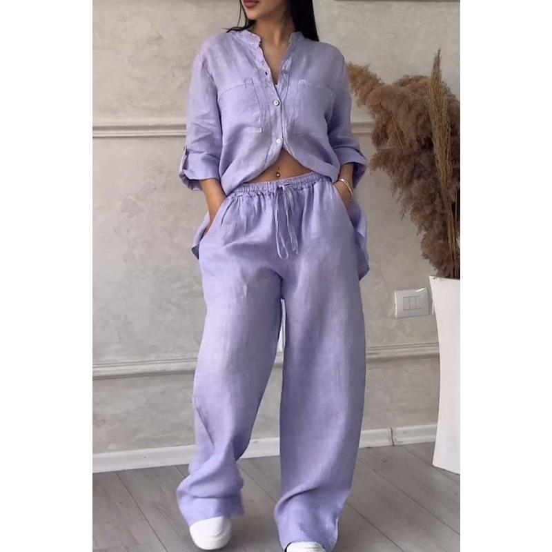 Spring Autumn Women's Plain Single-Breasted Long Sleeve Shirt Wide Leg Trousers Lacing Pants Suit