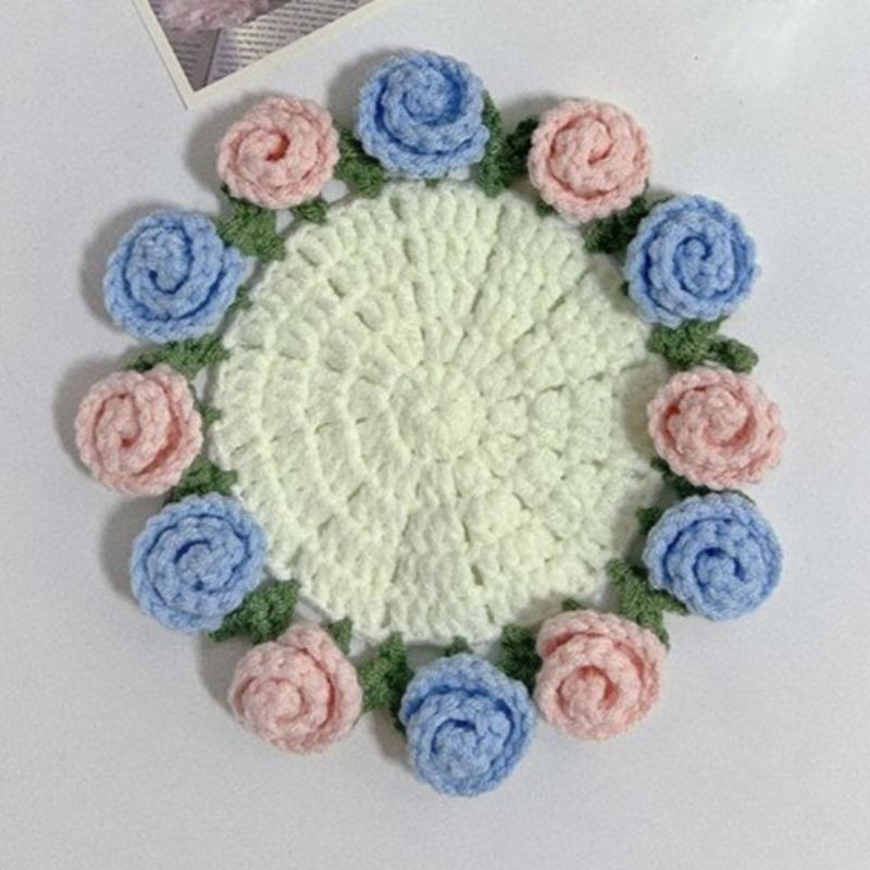 Handmade Rose Bouquet Crochet Coaster Heat Insulation Mug Placemat Cup Pad Flower Basket Shape Mat Home Table Decoration Tools