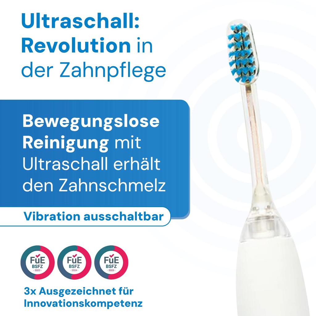 Metallic Electric Ultrasonic Toothbrush Ideal for Sensitive Teeth and Optimal Cleaning Without Up to 12 Days of Use emmi®-dent (Starter Set, White) -