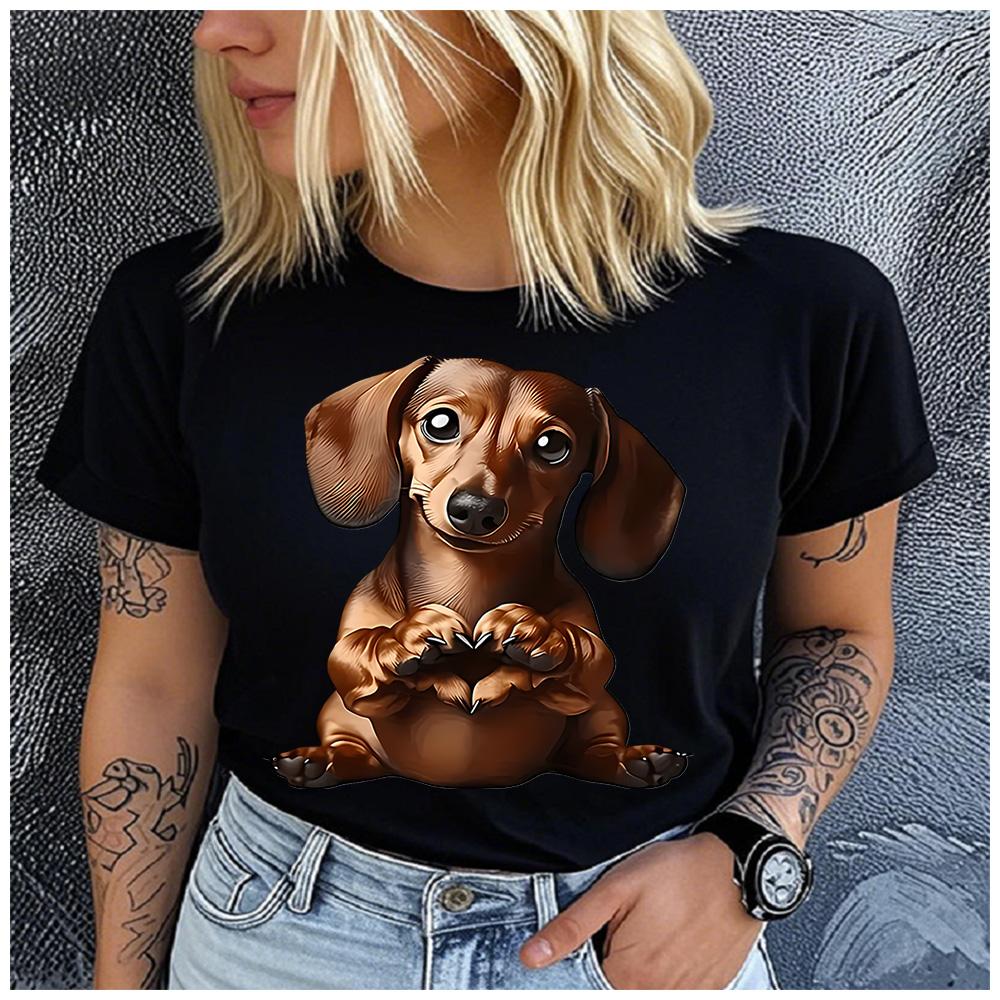 Polyester 100% Cute Dachshund Wiener Dog Heart Paws Graphic Women T-Shirt Pet Lover Cartoon Puppy Short Sleeve Casual Summer Tee