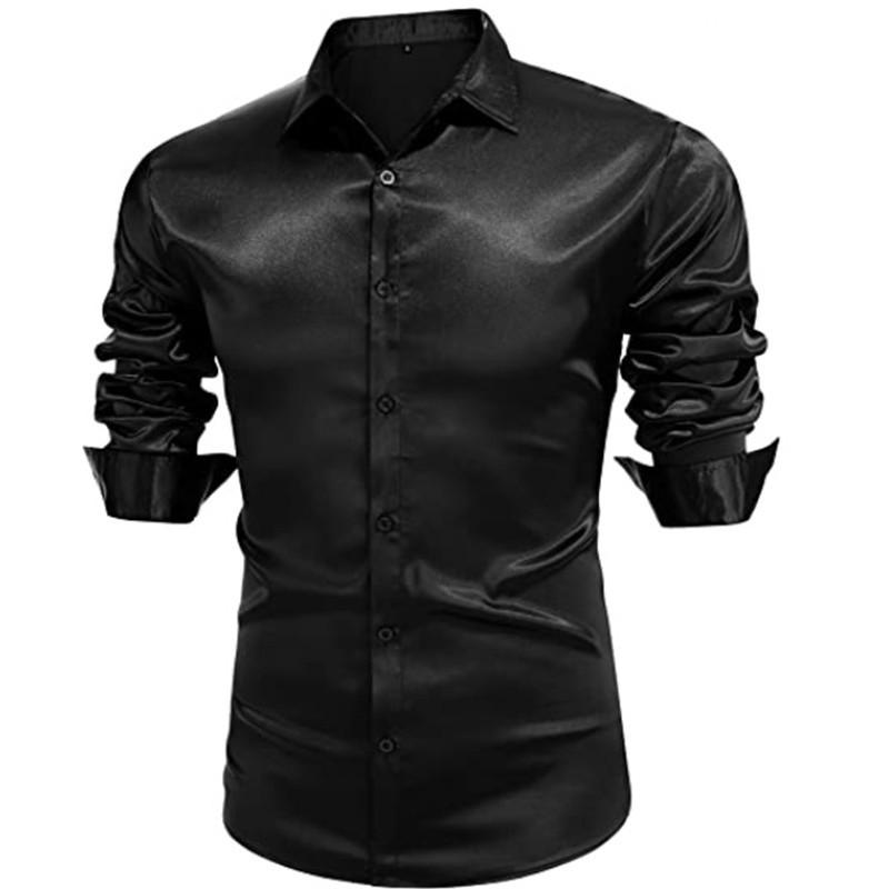 Fashion British Men's Glossy Solid Color Breathable Business Casual Long-sleeved Shirt Men's Lapel Long-sleeved  Glossy Top