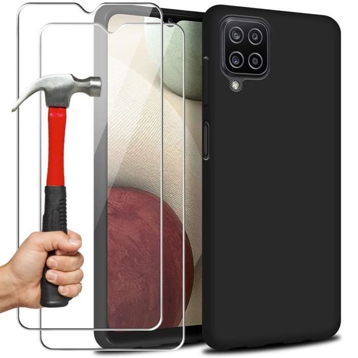 Pack Coque - Samsung - A12 - Silicone Noir - Anti Choc - Verre Trempé