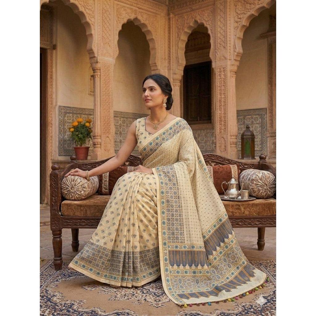New Launch – Designer Chinnon Ajrak Saree with Real Mirror Work & Premium Kodi Lace Border