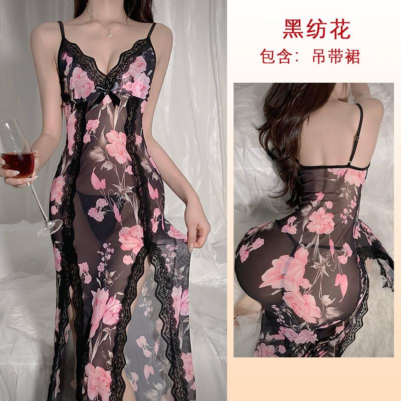 

Sexy mesh deep v lace pajamas side split suspender skirt extended clothing pajamas women L