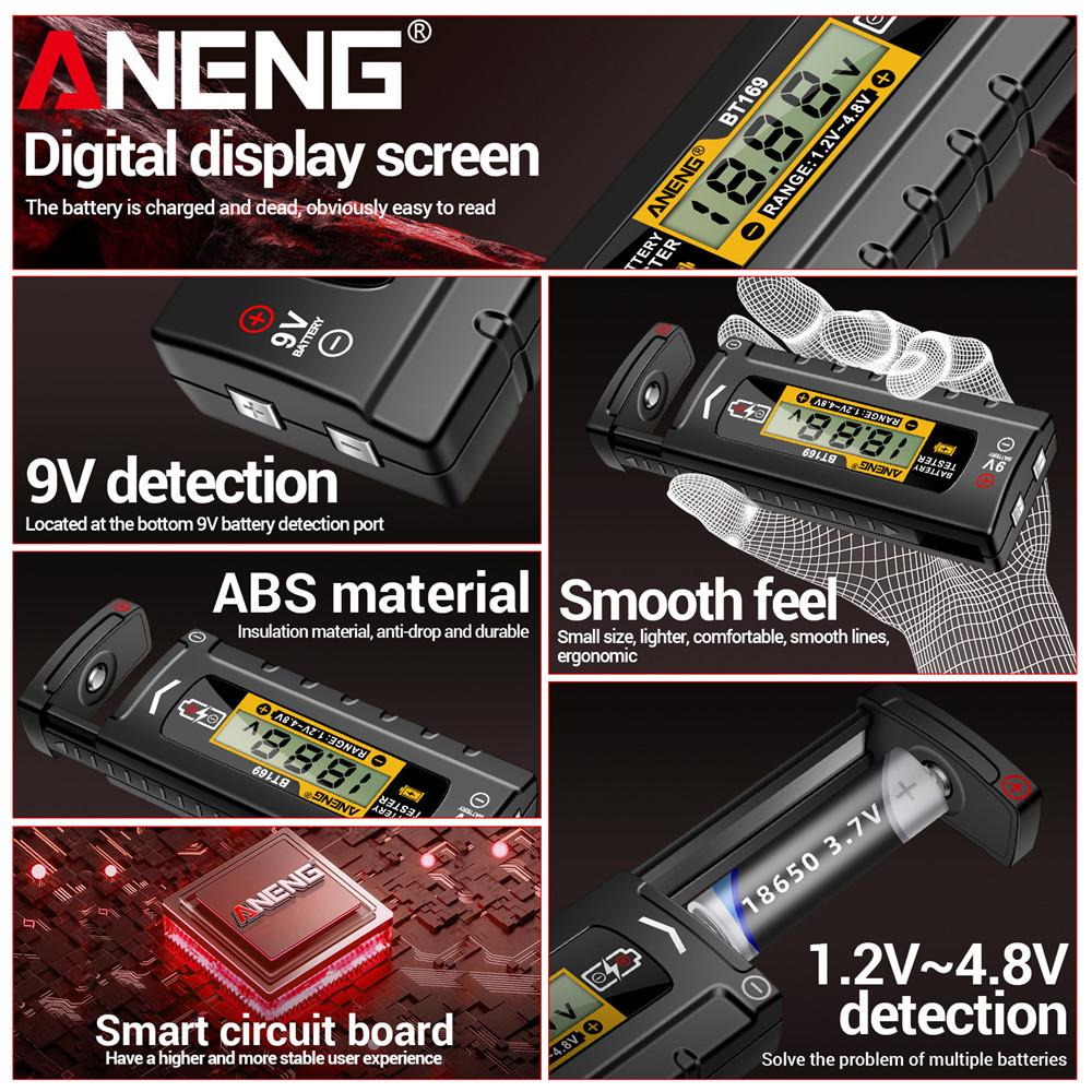 2026 ANENG BT169 Universal Digital Battery Tester No Power Required AA AAA 9V 18650 Button Cell ABS Plastic Battery Level Tester Tool Digital Display