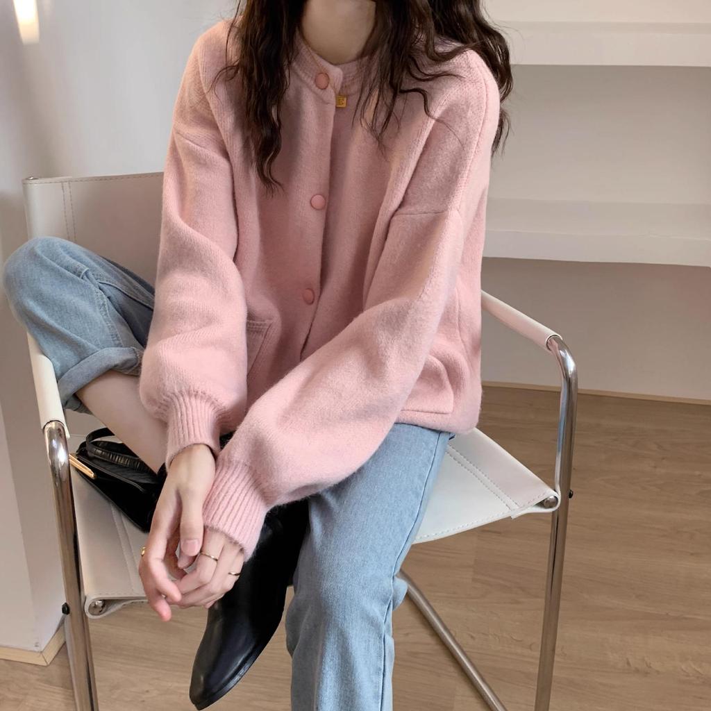 Women's Pink Korean-Style Loose Fit Cardigan - Soft, Long-Sleeved, Perfect for Autumn and Winter