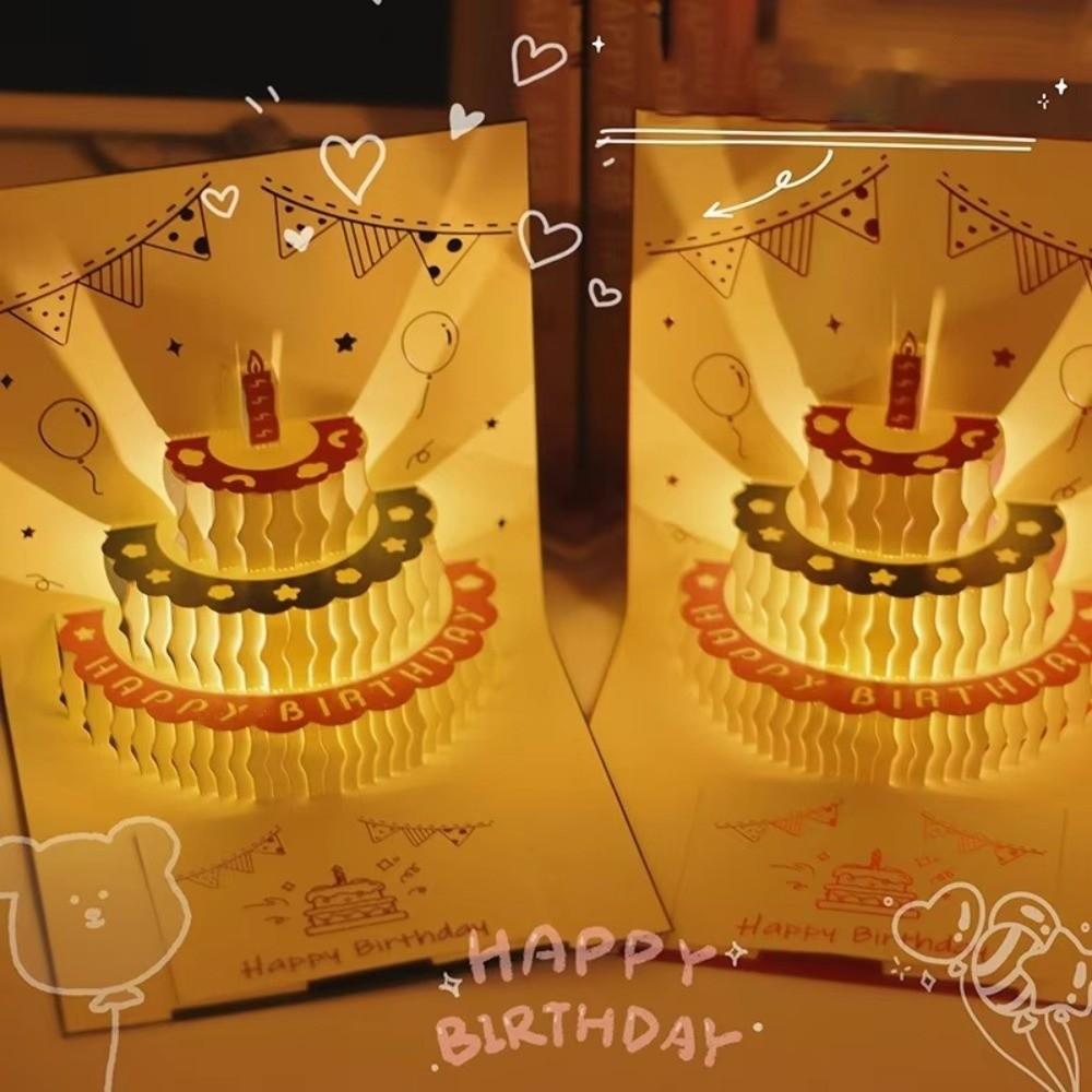 Hollow Carving 3D Cake Birthday Card with Envelope Unique LED Light Pop-Up Card Folding Funny Pop-Up Greeting Card