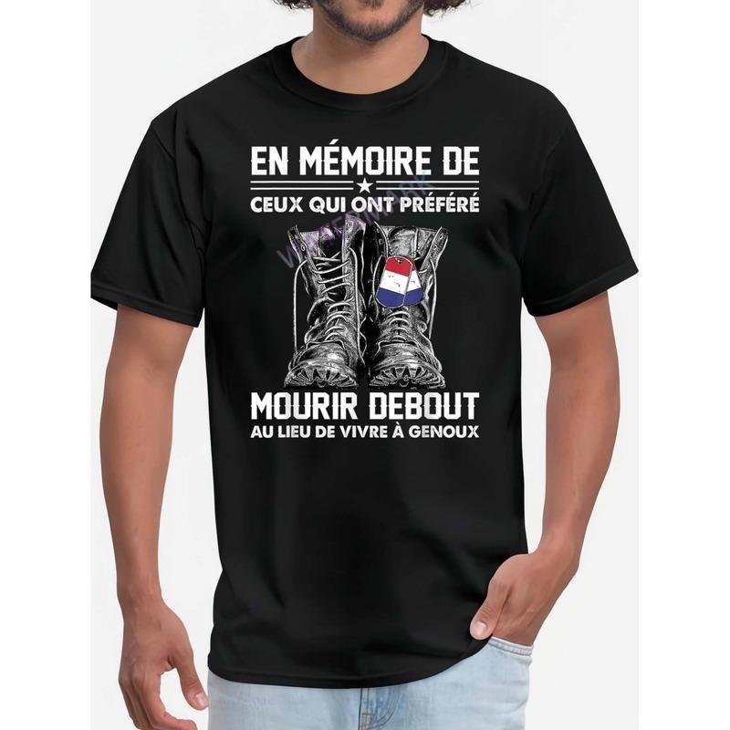 T-shirt Militare Francese da Uomo - Grafica "Meglio Morire in Piedi" con Stivali da Combattimento e Bandiere, Design Esercito Francese Casual a Maniche Corte Girocollo Nero