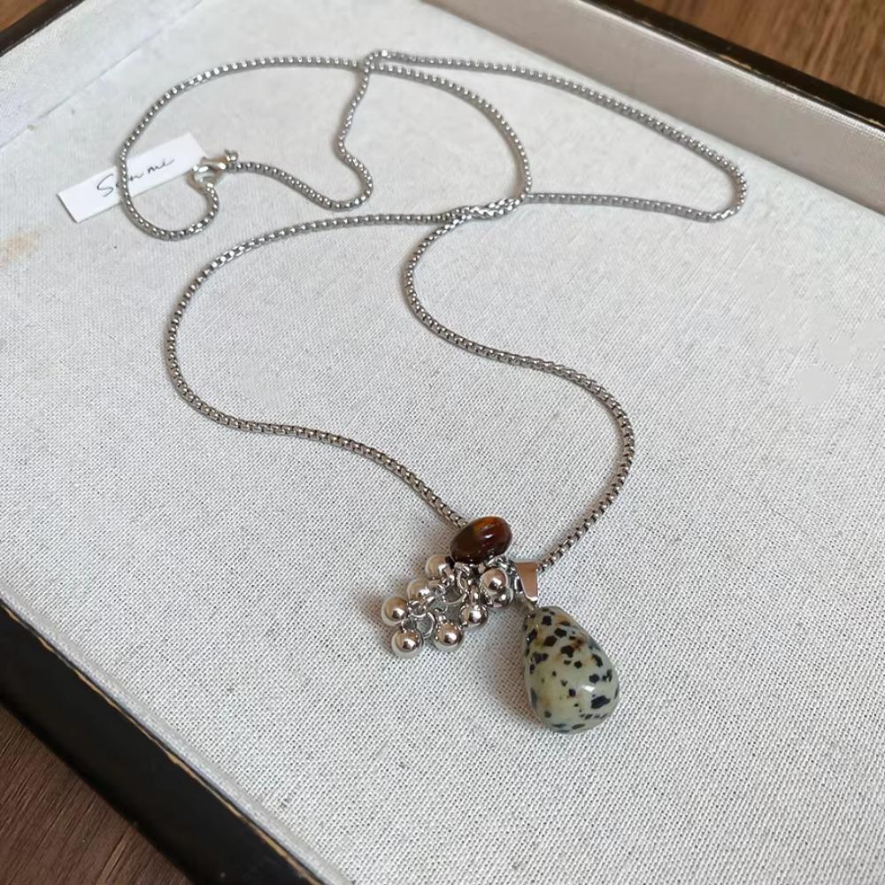 Exquisite Spotted Tiger Eye Stone Long Chain Necklace Long Chain Irregular Pendant Long Versatile Clavicle Metal Sweater Chain
